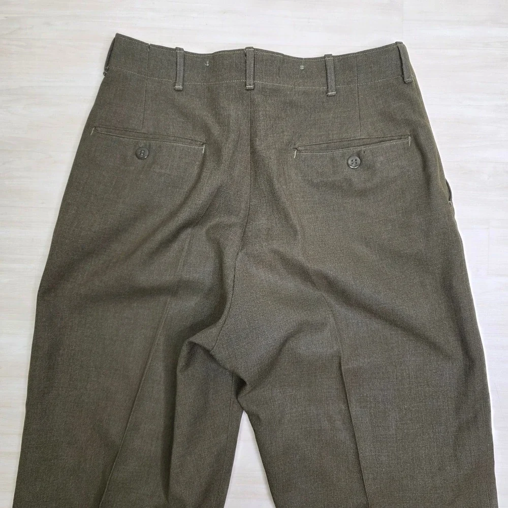 Vintage Military Wool Trousers Olive Drab High Waisted Button Fly Pants 32 x 33